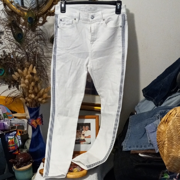 Women's White Jeans with Side Stripes - Picture 1 of 7